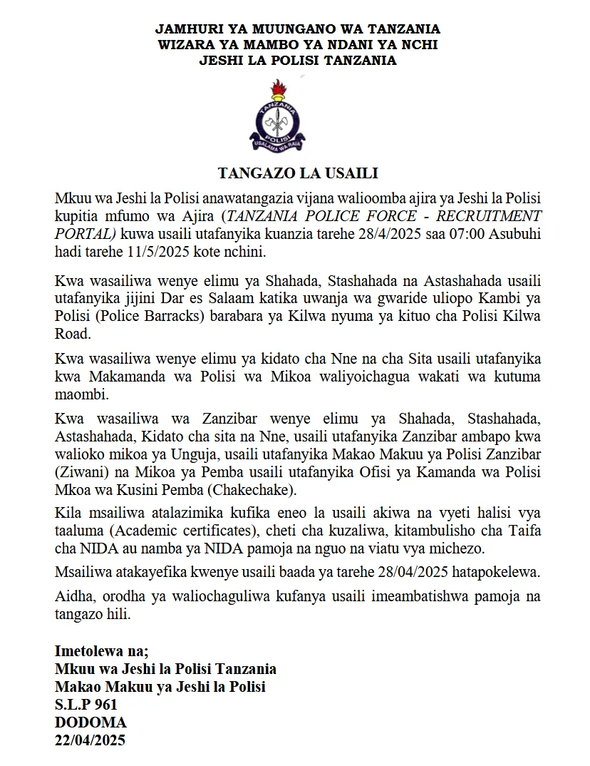 Majina ya usaili polisi 2025