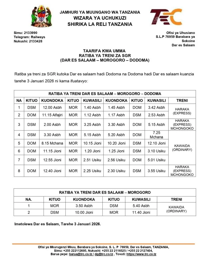 RATIBA YA TRENI ZA SGR KUTOKA DSM HADI DODOMA NA DODOMA HADI DSM KUANZIA JAN 03, 2025.